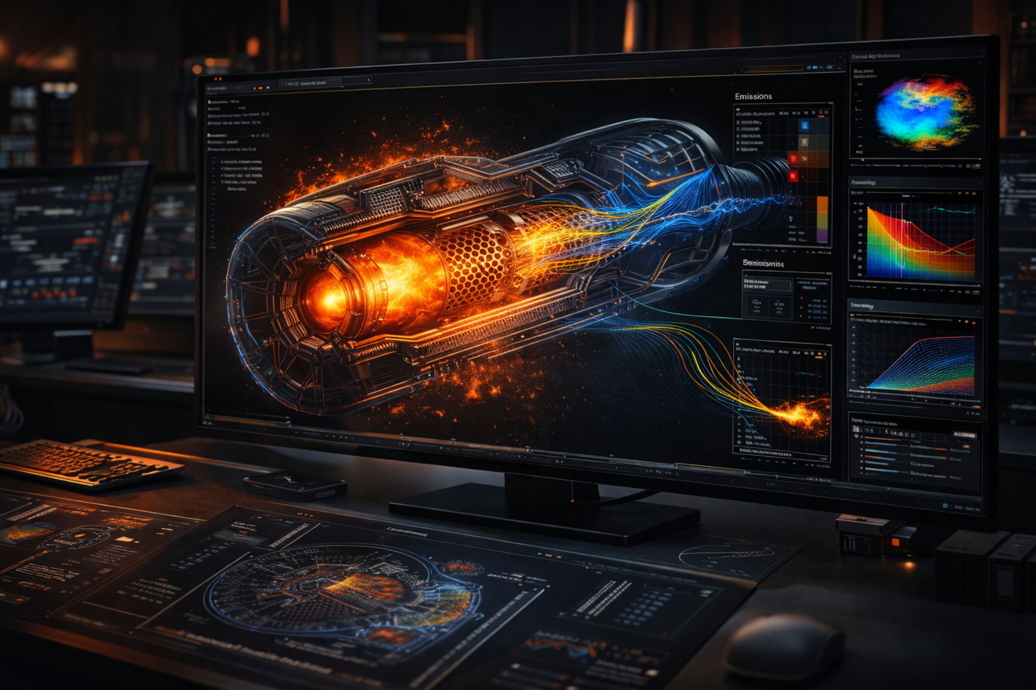 Premium modeling workstation showing multiphysics inverse design for a conformal combustion and thermal-core architecture